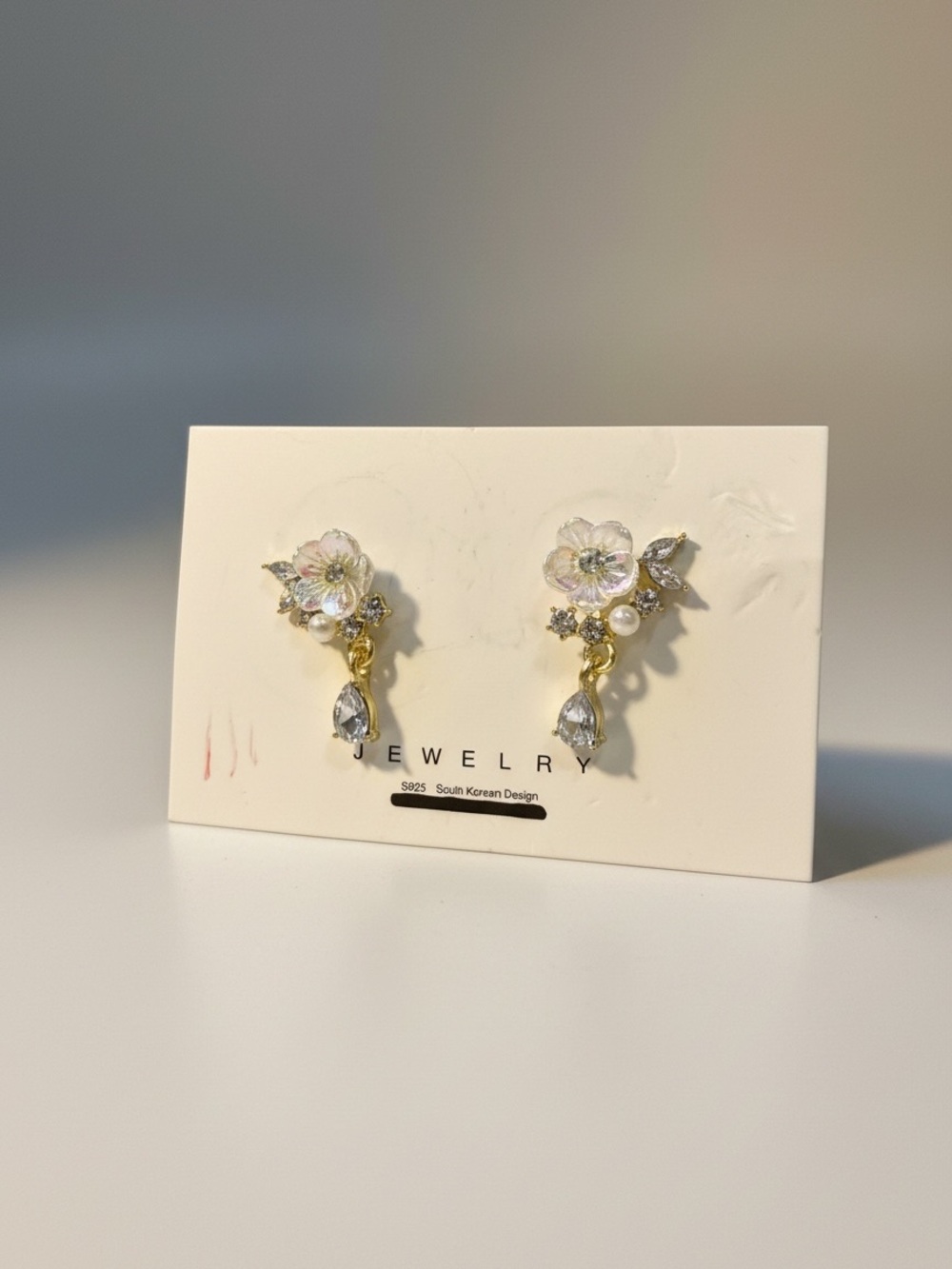 Gold Floral Drop Earrings with Pink Accents
